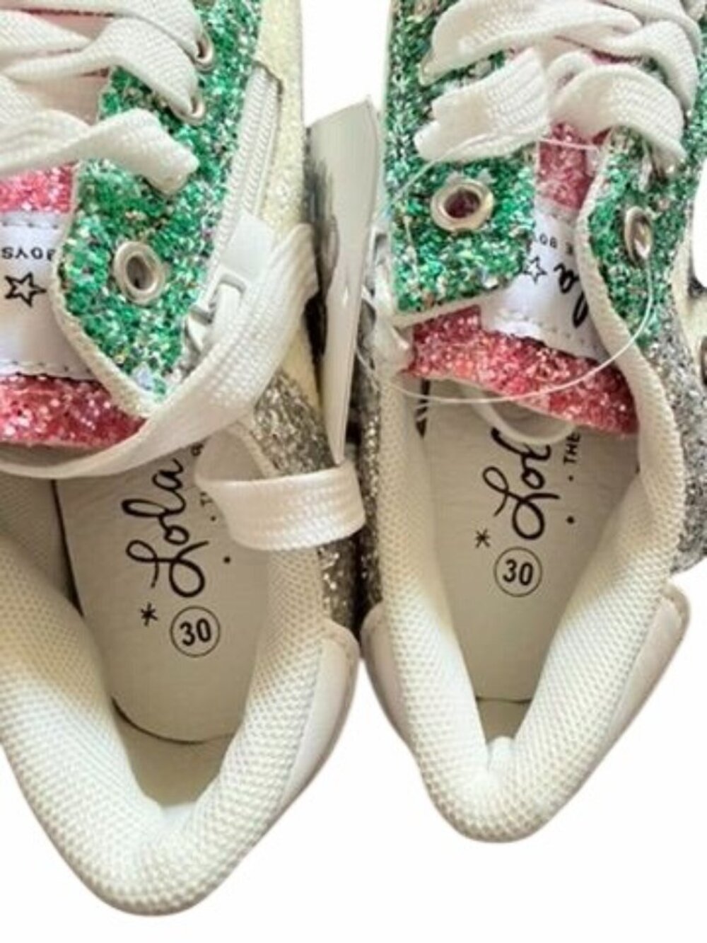 Lola & The Boys Star Silver Glitter Sneakers Size EU 30 With Green & Pink Accent - Picture 3 of 4